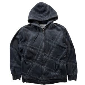 Top Heavy Geometric Plaid Hoodie Size Medium Gray Y2K Vintage Zip Up Streetwear